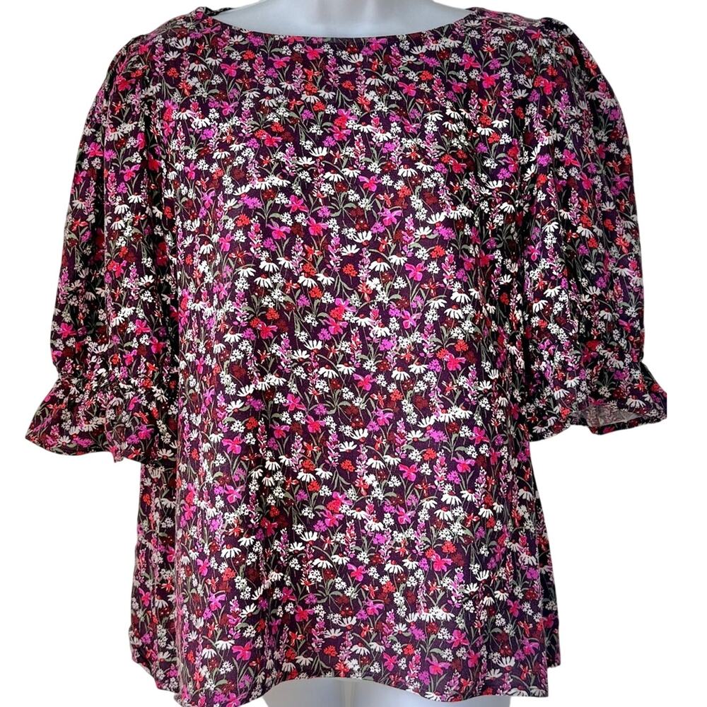 Draper James Maroon Pink White Daisy Floral Puff Sleeve Blouse Ruffle Cuff Sz S - Picture 1 of 8